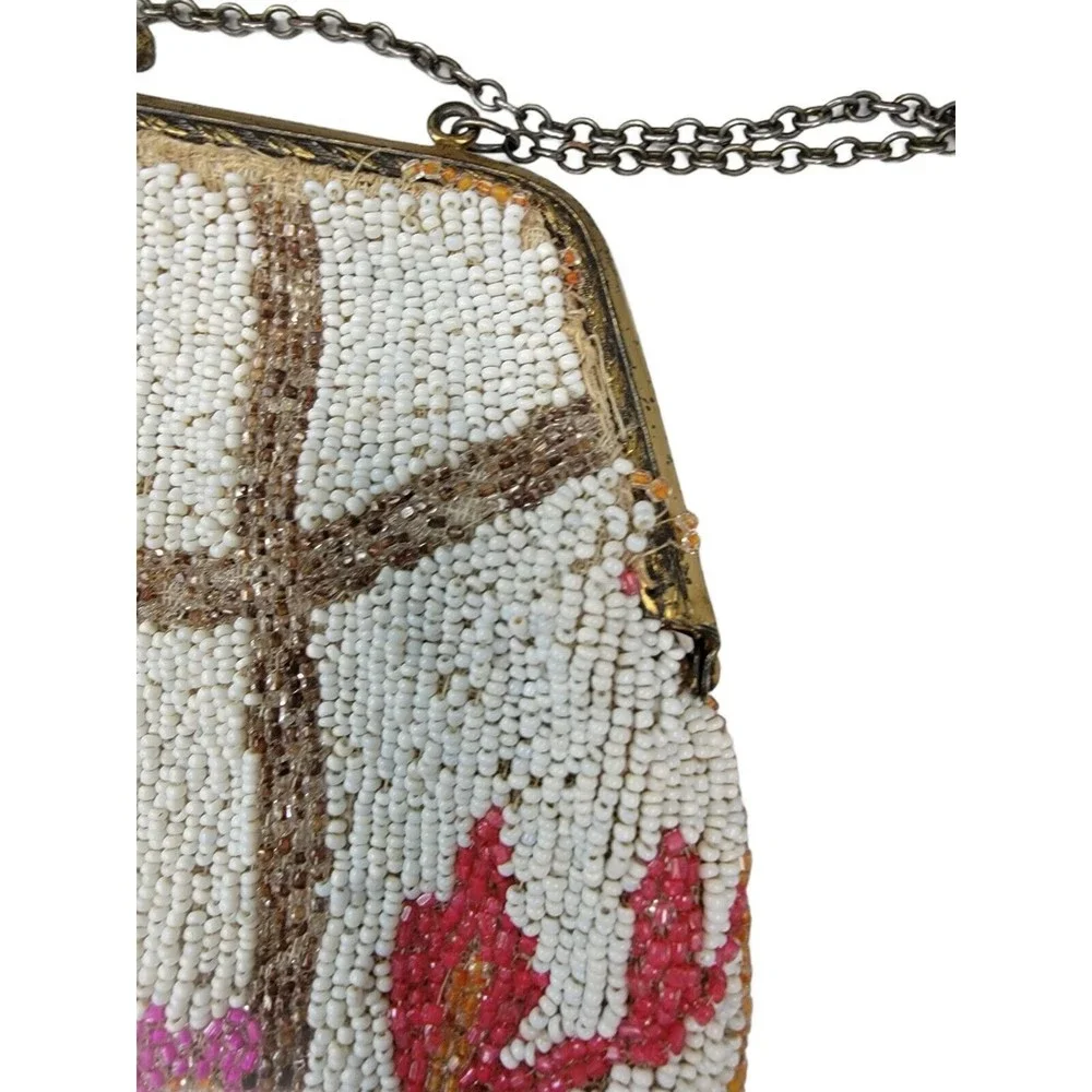 Vintage/Antique Micro Beaded Handbag With Chain Floral Rose Design‎